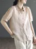 レディースブラウスの女性シャツレトロカジュアルスリムタイプのラミートップ2023ターンダウンカラーボタン刺繍半袖ブラウス