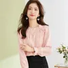 Women's Blouses Casual Solid Color Butterfly Bow Chiffon Shirt Long Sleeve Round Collar All-match Pleated Pullover Top Blouse