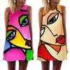 Vestidos Casuais Básicos Verão Feminino Vestido Colete Abstrato Face Art Impresso O-Neck Mangas Minivestido Casual Solto Vestido de Verão Linha A Doce Vestidos 230608