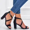 Sandals Summer Fashion Casual Women Red Buckle High Heels Criss-cross Lace-up Chunky HeelsSandals