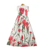 Summer Floral Print Paneled Feather Chiffon Dress Sleeveless Stand Collar Sequins Long Maxi Casual Dresses S3A240420