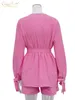 Womens Two Piece Pants Clable Autumn Laceup Robes Tops Pieces Set Casual Loose High Wiast Shorts Elegant Pink Home Suit med 230608