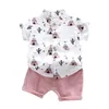 Overalls Zomer Dunne Leuke Cartoon Afdrukken Effen Kleur Shorts Revers Korte Mouw T-shirt Tweedelige Set Baby Jongens brandweerwagen Kleding 230608