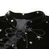 Женские футболки T 2023 бархатный китайский стиль звезды печати повязкой с длинным рукавом женский модная мода-подход