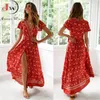 Grundläggande casual klänningar sommar maxi klänning kvinnor kort ärm avslappnad v hals blommig tryck boho strand lång klänning s ~ 5xl sexig split party robe 230608