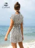 Casual Dresses V-hals ärmlös kort bikini täcker för kvinna randig semester strand tunika klänning 2023 sommar miniklänning strandkläder j230609