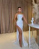 Elegant White Evening Gown Beads Side Strapless Party Prom Dresses Slit Formal Long Dress for special occasion