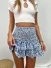 Saias Femininas Cintura Alta Saia Plissada Floral Bainha com Babado Bainha Flared Mini Skater Linha A Verão Boho Beach Short