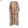 Casual Dresses 2021 Retro Printed Half Sleeve Chiffon Cardigan Kimono Boho fransade Tassels Bikini täcker upp ankellängd Kapstrand baddräkt J230609