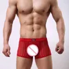 Cuecas Fad Men Boxer Shorts Pé Plano Roupa Interior Masculina de Alta Qualidade Sex Mesh Hollow-Out U Design Convexo Cintura Baixa Gay Club Sexy