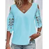 Blusas Femininas Blusa Feminina Renda Patchwork Verão Boêmio Elegante Casual Work Blusa Femme Manga 3/4 com Cadarço T-shirt de Férias Tops