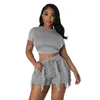 Trainingsanzüge Damen 2023 Modekleidung Zweiteiliges Set Designer Einfarbig Kurzarm T-Shirt Crop Top mit Kordelzug Quaste Shorts und Hosen 2PCS Sets Outfits