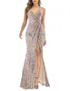 Long Sweety Formal Evening Dresses Mermaid Side Split Spaghetti Sequined Deep V-Neck Plus Size Prom Party Gowns 13