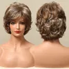 Perruques synthétiques ALAN EATON cheveux courts coupe lutin ondulés avec frange latérale naturel mélangé brun foncé blond doré pour les femmes noires