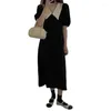 Casual Dresses High-klass Hepburn Style Puff Sleeve Dress Women's Summer French Temperament midja svart retro kontrast-färgdocka