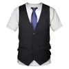 Herr t-shirts mäns roliga falska kostym tuxedo slips 3d tryckt t-shirt sommar mode hip hop kort ärmgata personlighet falska väst o nacken topp 230608