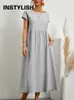 Grundlegende Freizeitkleider, Vintage-Midikleid, lässig, kurzärmelig, Baumwolle und Leinen, Harajuku, übergroßes langes Kleid, Damen, Sommer, Y2K, Maxi-Sommerkleid 230608