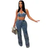 Damen zweisteuelhafte Hosen Denim Bikini Crop Top 2 Sets Y2K Streetwear Tracksuit 2023 Ladies Sexy Summer Club Outfits Cargo Pocket Pant 230609