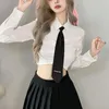 Women's Blouses Slim Folds High Waist Long Sleeve Shirt White Sexy Y2k Preppy Style Crop Tops Summer Camisas Tie Black Skirts Pleated Women