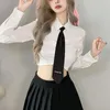 Vrouwen Blouses Slanke Plooien Hoge Taille Lange Mouw Wit Sexy Y2k Preppy Stijl Crop Tops Zomer Camisas Tie Zwarte Rokken Geplooide Vrouwen