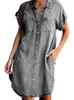 Jurken zomer casual dames knie lengte jurk mode afslaan kraag kraag korte mouw knopen denim shirt vrouw grote size Jean