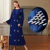 Ethnic Clothing Abaya Women's Fashion Blue Long Sleeve Pearl Lacing Maxi Robes Muslim Female Casual Formal Evening Dresses