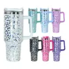 NEUESTE!! 40 Unzen Laser holographische Leopard Tumbler Doppelwand Edelstahl Wasser Tasse Auto Tassen mit Griff Großhandel L01