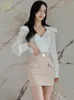 Tweedelige Jurk H Han Queen Vrouwen Lente Casual 2 Stuks Set Vintage Witte V-hals Tops Kokerrok Koreaanse Elegantie Eenvoudige rokken Pakken 230608