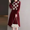 Casual Dresses Women Knit Dress Checkboard Checkered Knee Length Plaids Slim Wasit Female Fashion Clothing For Autumn Winter O Neck 8242