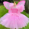 여자의 드레스 여자 핑크 요정 드레스 아이 반짝이는 투투 꽃 날개와 스틱 헤어 보즈 아이 생일 할로윈 파티 의상 230609