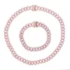 Bruiloft Sieraden Sets 5A Zirconia 9mm roze CZ Cubaanse Link chain ketting armband mode rose goud Kleur Vrouwen sieraden set 230608