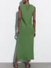 Casual Dresses Sleeveless Midi For Women Hem Split Beach Dress Female Green Linen Folds Straight Woman Wide Collar