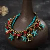 Charm Bracelets Bohemian Colorful Beach Starfish Gold Color Puffer Fish Pendant Hand-woven Bracelet Anklet Vintage Gypsy Women Chain Jewelry
