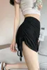Юбка Регулируемая шнурки плиссированные обертываемые ягодицы короткие 2023 Дизайн Япония Женщины Женщины Сексуальная Мини Черная юбка с высокой талией с высокой талией