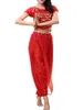 Stage Wear Costume da danza del ventre con paillettes luccicanti per donna Canotta con maniche a sbuffo Canotta con lacci sul retro Crop Harem Pants Set Dancer Outfit