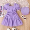 Girl Dresses Toddler Kids Baby Girls Summer Casual Dress Purple Short Sleeve A-line Jacquard With Hat 4-7T