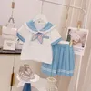 Vestidos para meninas Roupas de verão jk Coreano Vestido manga curta Camisa Kawaii Estilo universitário Saia plissada Conjunto de duas peças 230608