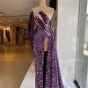 Paarse Sparkly Galajurken Kristal Pailletten Kralen Sheer Neck Hoge Split Avondjurk Custom Made Formele Party Robe De