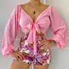 Women's Blouses 2023 Lace-up V-neck Blouse Sexy Open Navel Two-Piece Sets Summer Shirts Outfits For Women Tops Print 2 Piece Shorts 25340