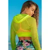 Women's Swimwear Summer Sexy Fishnet Hooded Crop Top Women Long Sleeve Pullover Beach Cover Hollow Out See Through Fluorescent Green Y2k Tops 230608