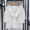 Blusas Femininas Blusa Curta Feminina Babado Decote em V 2023 Primavera e Verão Sweet Bow Tie Camisa Manga Bolha Top