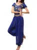 Stage Wear Sparkly Sequin Belly Dancing Costume For Womens Puff Sleeve Tank Top Lace-up Back Crop Harem Pants Sets Dancer Outfit