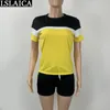 Calças femininas de duas peças conjunto de treinamento feminino verão manga curta t-shirt shorts colorblock malha ternos finos moda esporte fitness terno com shorts 230608