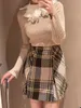 Skirts Kuzuwata High Waist Slim Contrast Color Plaid Mini Skirt Kawaii Autumn Winter Japanese Jupe Harajuku False Women Mode 230609