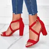 Sandals Summer Fashion Casual Women Red Buckle High Heels Criss-cross Lace-up Chunky HeelsSandals