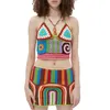 2ピースドレス女性S 2夏の衣装ボヘミアンノースリーブホルターニットファッションクロップトップミニスカートセットビーチウェア（マルチカラー）