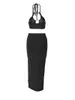 Two Piece Dress Women S 2 Summer Outfits Fashion Sleeveless Halter Cut Out Crop Tops High Split Skirt Set Clubwear (Black L)