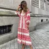 Basic Casual Dresses Women Dress Summer Puff Sleeve Boho V Neck Printing Long Dress Loose Holiday Beach Female Casual Floral Dresses Party Vestidos 230608