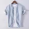 メンズカジュアルシャツ2023夏のメンズウェアストライプシャツリネン通気性のある色マッチショートスリーブ