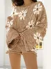 Women's Two Piece Pants Set 2023 Autumn Floral Long Sleeve Pullover Sweaters Top Shorts Casual Loose Knit 2Pcs Set Female 230609